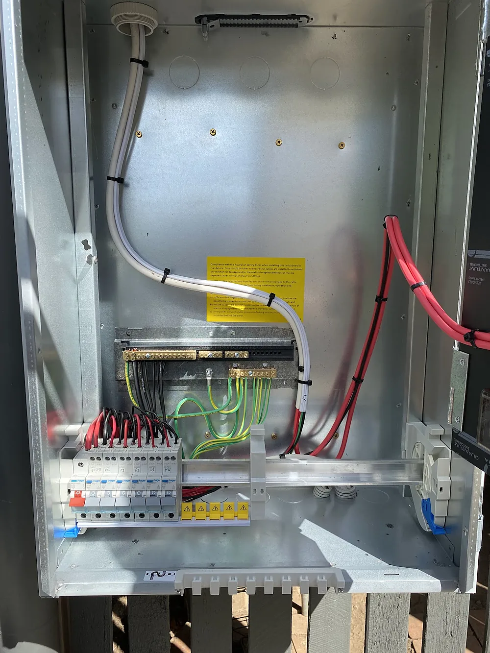 New switchboard with circuit breakers and safety switches inside an open meter box